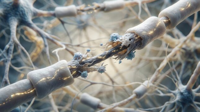 Multiple sclerosis demyelination: neuron damage, myelin destruction, autoimmune disorder, nerve inflammation, axon lesion, neurological disease, tissue breakdown, cellular decay.
