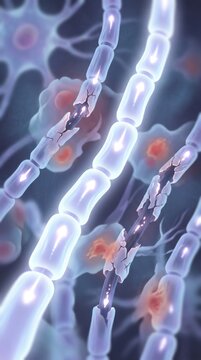 Multiple sclerosis demyelination: autoimmune disorder, myelin inflammation, neuron lesion, nerve disability, weakness symptom, numbness fatigue, cellular decay, impulse disruption.