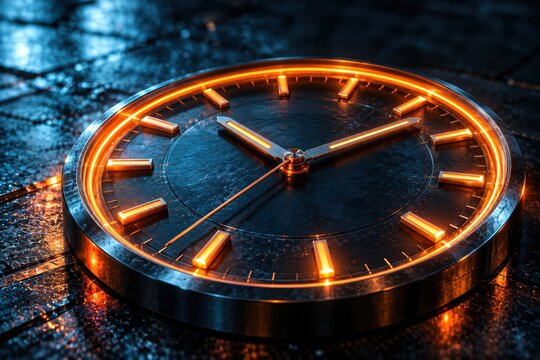 Futuristic Timepiece: A sleek, modern clock with glowing orange numerals and hands sits on a dark, reflective surface, exuding an aura of technological advancement and timeless elegance.