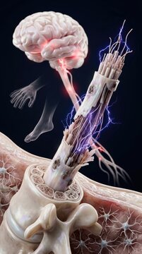 Multiple sclerosis demyelination: damaged myelin, neuron inflammation, autoimmune disorder, neurological lesion, spinal weakness, brain numbness, limb fatigue.
