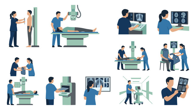 Radiology department staff working with x-ray imaging machines.