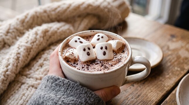 Hand holding mug of hot chocolate with ghost marshmallows