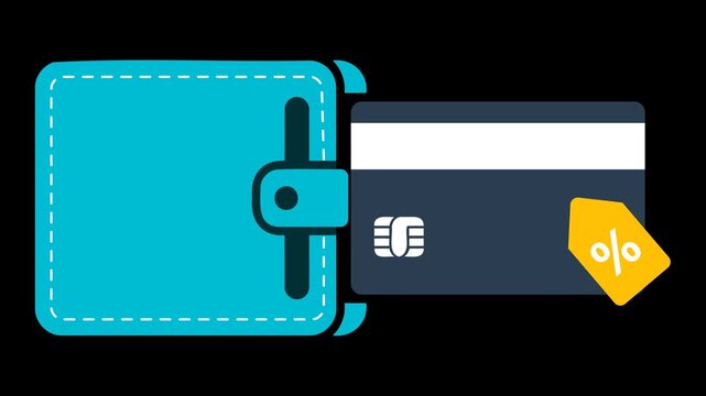Minimalist icon animation of a blue wallet with a bank card and a discount price tag