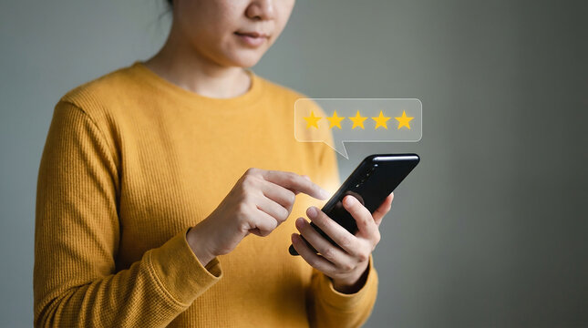 Customer Satisfaction Rating: A young woman is using her smartphone to leave a five-star review, indicating a high level of customer satisfaction and positive feedback.