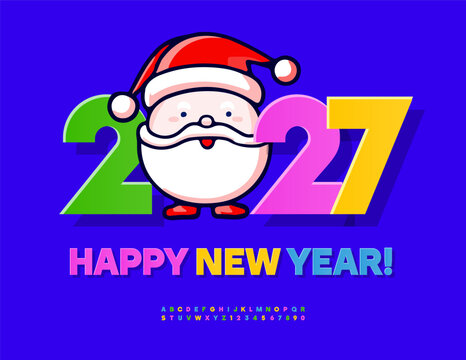 Vector children Greeting Card Happy New Year 2027 with Funny Santa Claus. Bright Kids Font. Decorative Cool  set of Colorful Sticker style Alphabet Letters and Numbers.
