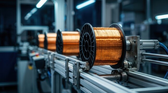 Industrial automation showcasing copper wire spools and precision manufacturing processes.