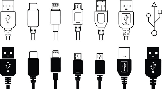 Computer connection cables plug types vector collection featuring linear outline and black solid glyph tech port icons