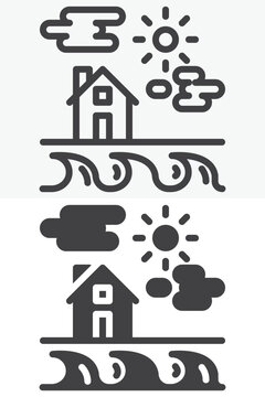 Home with sun and clouds icon set in line, outline and solid style. House icon above waves, editable stroke vector sign and symbol with weather scene.