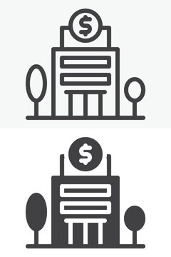 Bank building with trees icon set in line, outline and solid style. Finance office icon, editable stroke vector sign and symbol with dollar emblem.
