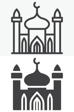 Mosque with minaret icon set in line, outline and solid style. Islamic temple icon, editable stroke vector sign and symbol with dome and crescent.