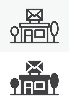 Post office building icon set in line, outline and solid style. Mail service icon with envelope sign, editable stroke vector symbol and storefront facade.