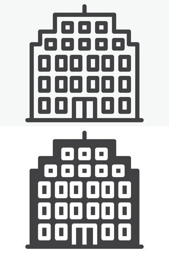 Residential buildings icon set in line, outline and solid style. Apartment block icon, editable stroke vector sign and symbol with urban windows facade.