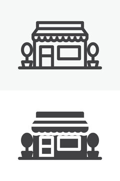 Front store building icon set in line, outline and solid style. Shop facade icon with awning and trees, editable stroke vector sign and symbol.
