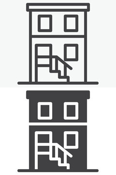 Two story building icon set in line, outline and solid style. Urban house icon with exterior stairs, editable stroke vector sign and symbol facade.