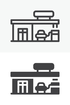Gas station building icon set in line, outline and solid style. Fuel service icon with car and canopy, editable stroke vector sign and symbol facade.