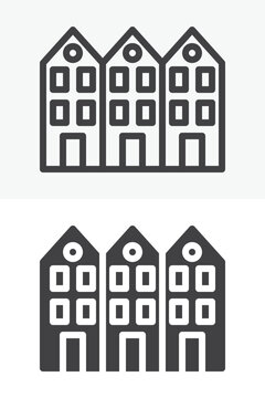 Neighborhood house icon set in line, outline and solid style. Row of homes icon, editable stroke vector sign and symbol with three residential facades.