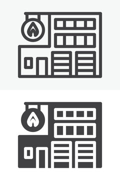 Fire station building icon set in line, outline and solid style. Emergency service icon with flame badge, editable stroke vector sign and symbol facade.