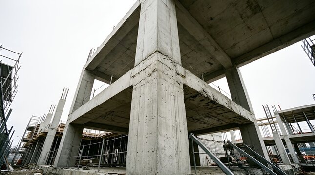 Industrial reinforced concrete building frame, structural cement pillars and beams at construction site, urban development architectural project