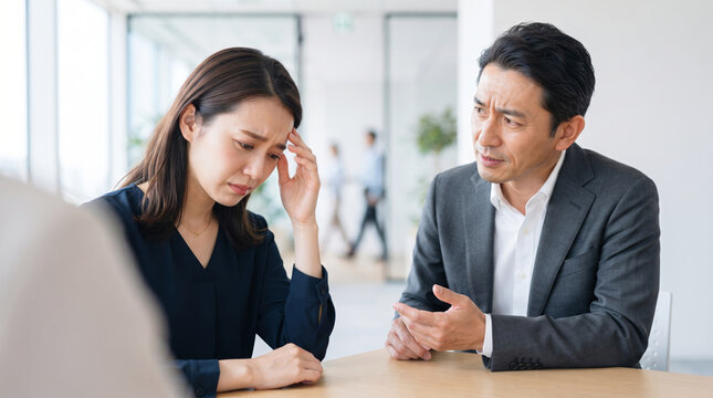 職場でのパワハラやトラブルに悩む女性社員と指導する上司