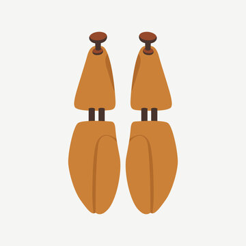 Pair of Wooden Shoe Trees with Adjustable Knobs, Top View, Warm Tan and Brown Palette, Flat Vector Illustration Isolated on Light Background