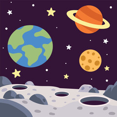 Space Scene with Planets and Moon Surface Flat Illustration © Airaly Studio