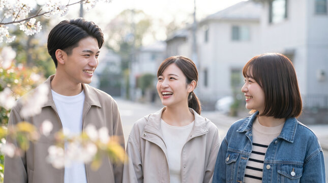 春の住宅街で満開の桜を眺めながら楽しく談笑する若い男女3人