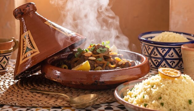 Traditional moroccan tagine dish with spices and rice