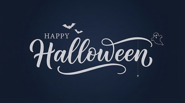 Elegant Happy Halloween lettering typography on dark blue background, minimalist seasonal banner design, spooky holiday party invitation layout