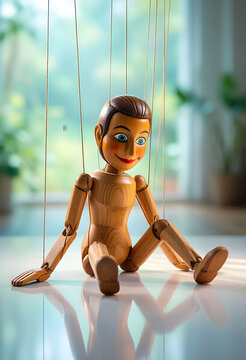 Manipulation and control concept, wooden marionette puppet sitting on a table with strings attached influence and lack of personal agency