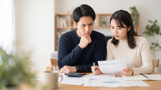 書類を見ながら真剣な表情で家計や相談事に向き合う夫婦