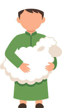 Flat Muslim Man Holding White Sheep for Eid al-Adha Sacrifice Vector Illustration   