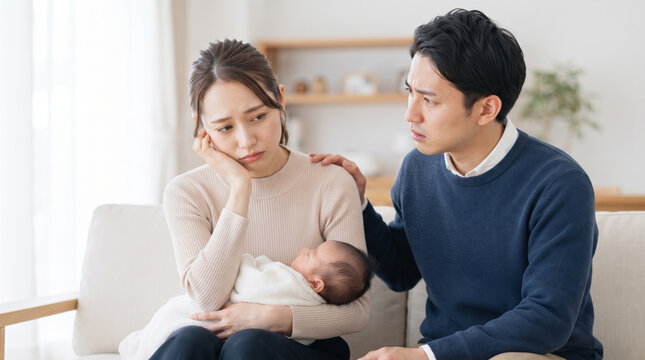 育児や産後うつに悩む母親と心配そうによりそう父親の夫婦