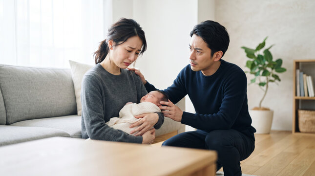 赤ちゃんを抱いて泣いている母親と寄り添う夫の育児ノイローゼや産後うつ