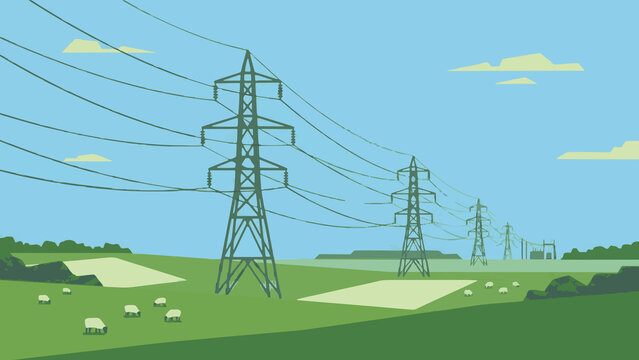 High-voltage electrical power transmission lines and lattice towers across green rural landscape vector illustration