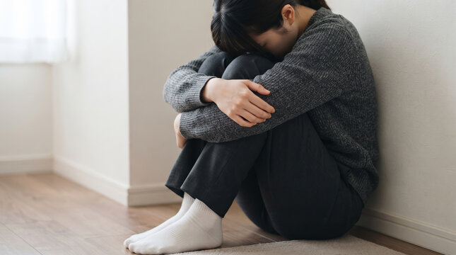 部屋の隅で膝を抱えて落ち込む心に悩みを抱えた女性
