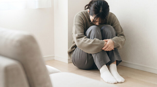 部屋の隅で膝を抱えて落ち込む心に悩みを抱えた若い女性