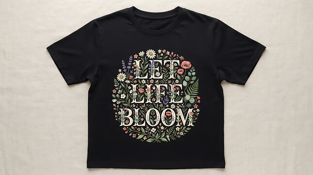 Black t-shirt with colorful floral graphic design