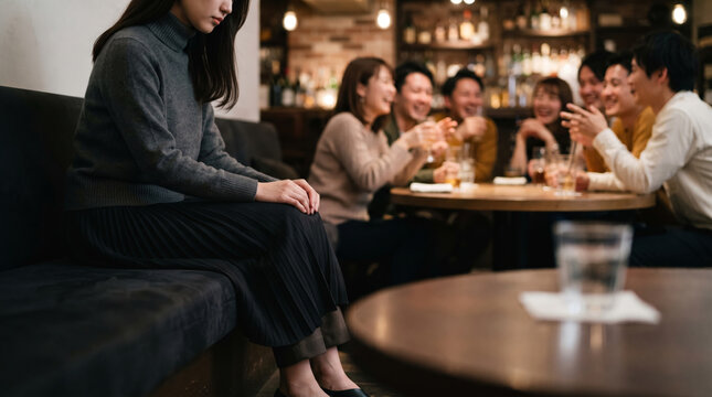 賑やかな職場の飲み会で孤立し疎外感や悩みを抱える女性