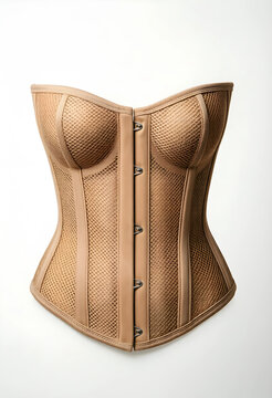 Fashion and lingerie design, beige corset with mesh texture and metal hooks for body shaping and silhouette enhancement isolated on a white background