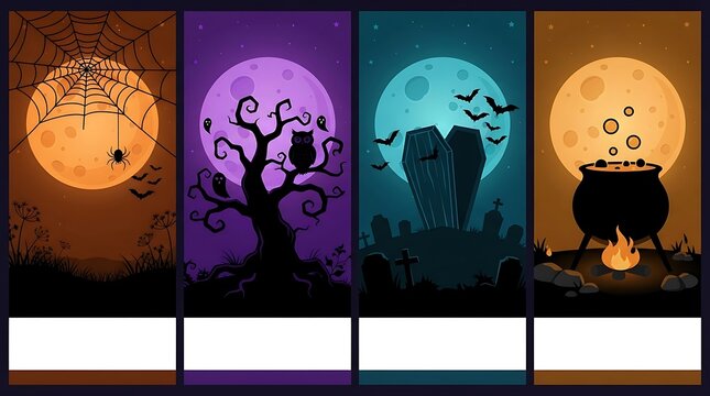 Spooky Halloween background banners set, vertical full moon night scenes with spider and witch cauldron, festive halloween banner templates