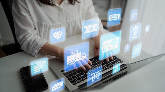 Digital gift card icons show e-commerce, payment, and digital gift card redemption. Digital gift card supports online shopping, secure payment, and customer loyalty programs. Funnel
