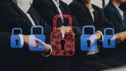 A business meeting showcasing hands shaking with digital lock icons overlay, symbolizing security and trust in corporate relationships and data protection. Raster © InfiniteFlow