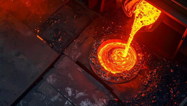 Molten Metal Pouring into Circular Mold Swirling Glowing Steel Foundry Industry Concept