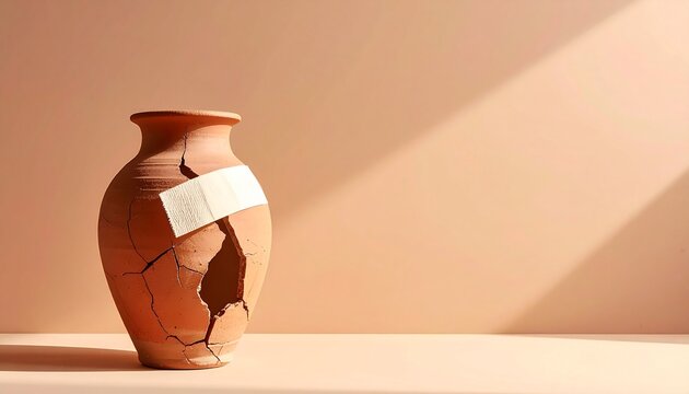 Cracked Terracotta Vase with Bandage Healing Repair Concept on Warm Background