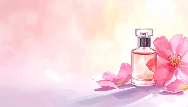 Elegant Perfume Bottle with Pink Cherry Blossoms Fragrance Beauty Concept