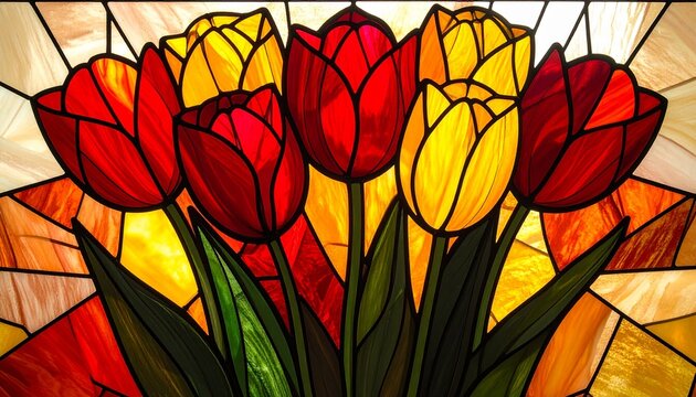 Stained Glass Tulips Bouquet Glowing Red Yellow Floral Art Concept