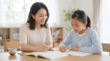 Obraz premium 自宅で子供の勉強を優しく指導する母親と真剣に勉強する女の子