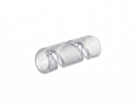 Polyethylene polymer infusion spiral wrap tube for carbon composite vacuum resin infusion. Translucent micro-perforated vacuum hardware on white background.
