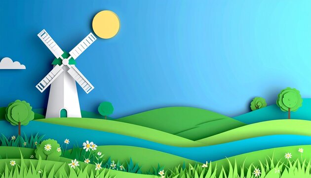 Paper Cut Style Windmill on Green Rolling Hills Sunny Day Eco Nature Concept