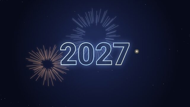 2027 new year animation with glowing neon text and colorful firework bursts on night sky